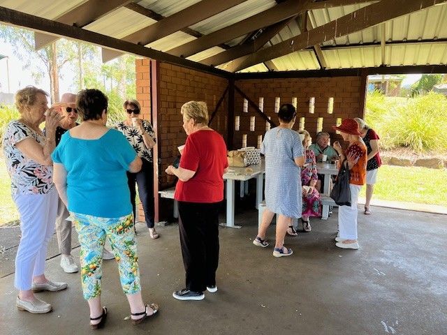 Members & guests enjoying morning tea at Gatton during our December 2025 day-bus trip