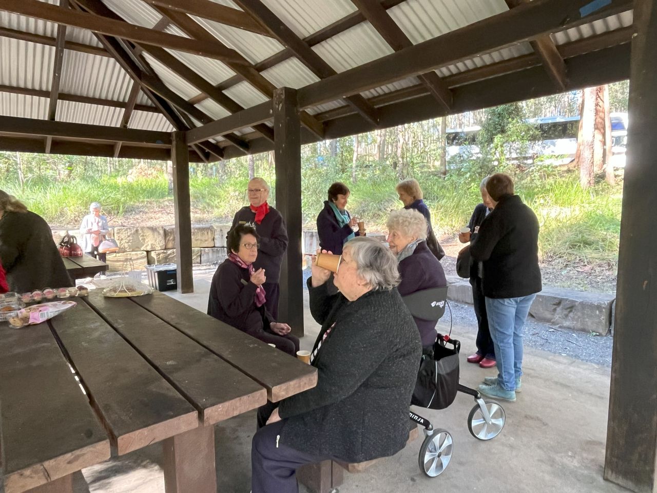 Members & guests enjoyed morning tea before visiting the Daisy Hill Koala Reserve during a day bus trip in July 2025