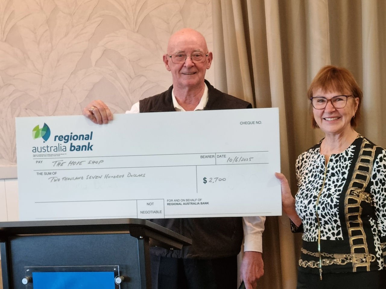 Our charity this year was "The Hope Foundation". Their aim is to physically, emotionally, and spiritually, elevate the lives of local people. Jenny from Hope accepted a cheque for $2700 and said this will buy an extra 50 hampers at Christmas. 10/6/25