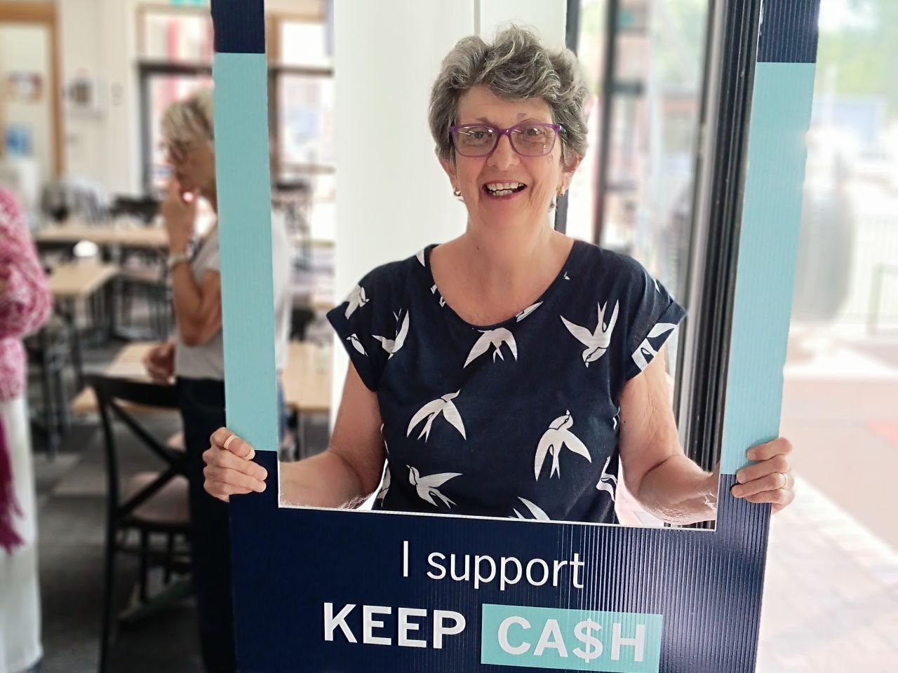 Debbie showing her support for the Keep Cash Campaign at the second Digital Skills Workshop on 11/3/2026.