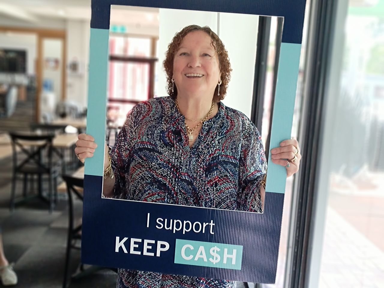 Annie showing her support for the Keep Cash Campaign at the second Digital Skills Workshop on 11/3/2026.