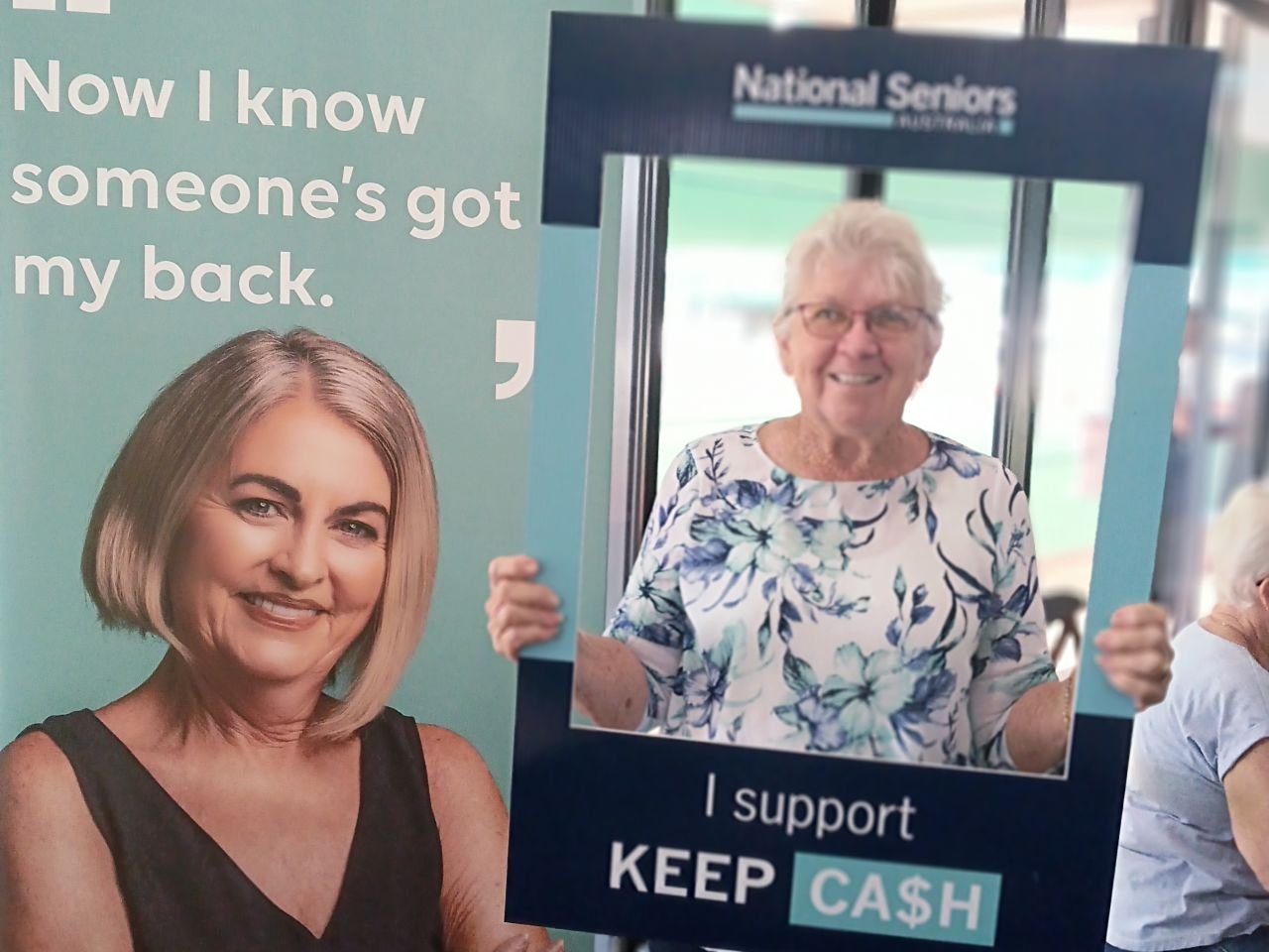 Hazel showing her support for the Keep Cash Campaign at the second Digital Skills Workshop on 11/3/2026.