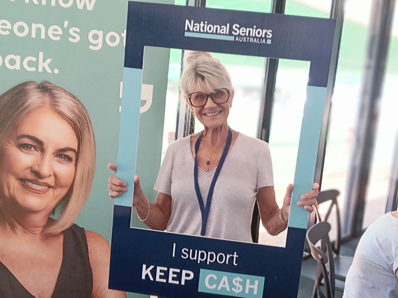 Kaz showing her support for the Keep Cash Campaign at the second Digital Skills Workshop on 11/3/2026.