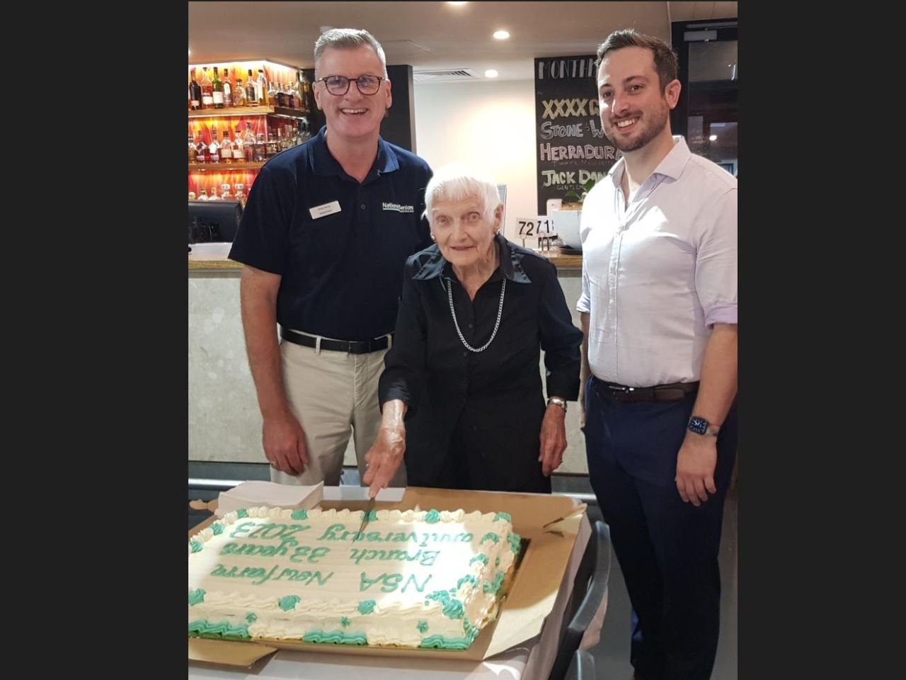1st March 2023. The thirty-third Anniversary Celebration of the New Farm Branch at the Brunswick Hotel. Cutting the cake are Chris Grice NSA CEO, Mollie-Jean and Stephen Bates MP who kindly donated the cake.