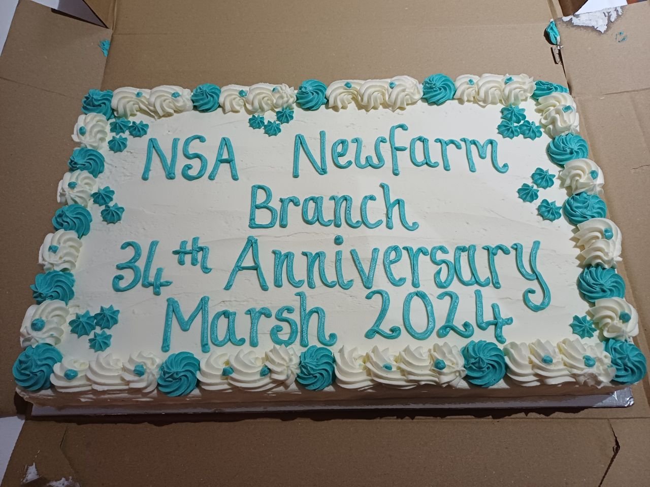 NSA New Farm Branch.
Celebrating our 34th Anniversary, March 2024. Our thanks to Grace Grace for donating the cake from Bakeology.
Love the typo!!
