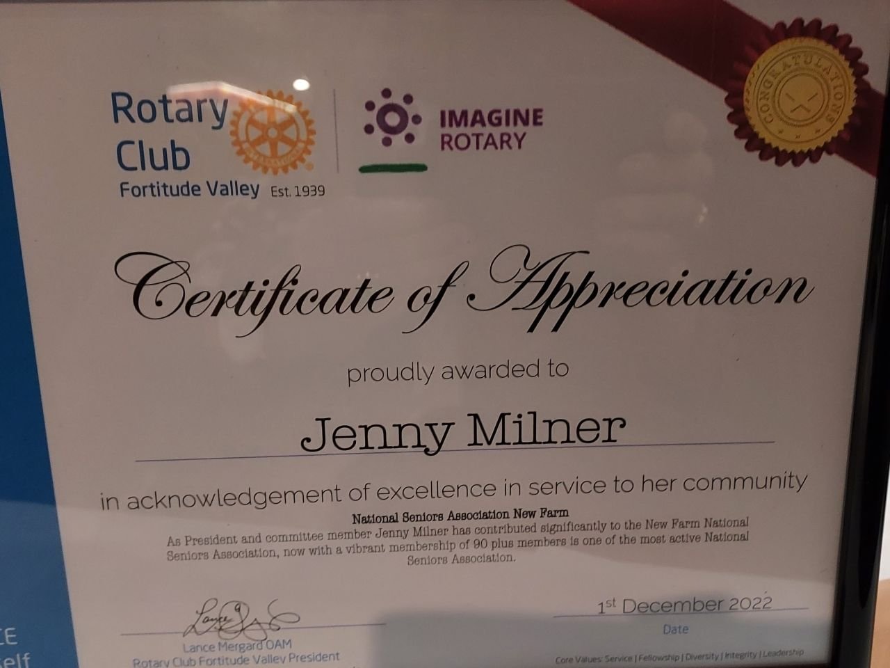 COMMUNITY AWARD: Rotary Club Certificate of Appreciation awarded to
Jenny Millner for Excellence of Service to the Community. December 2022.