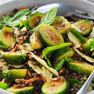 Roasted brussels sprouts and lentil salad