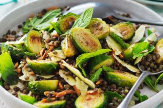 Roasted brussels sprouts and lentil salad