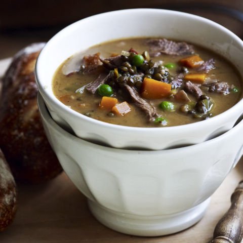 Lamb shank, vegetable, and lentil soup