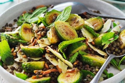 Roasted brussels sprouts and lentil salad